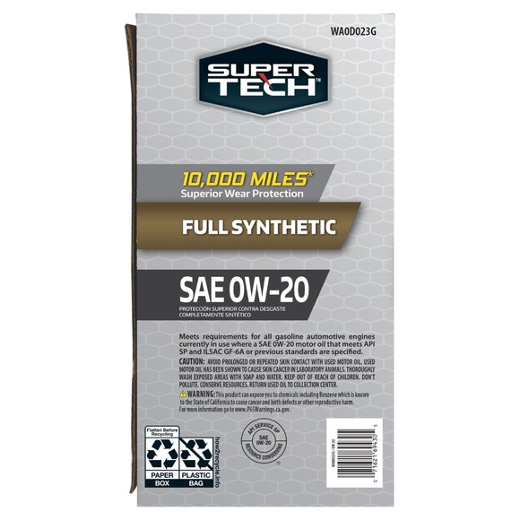 Super Tech Full Synthetic SAE 0W-20 Motor Oil, 12 Quart Bag (3 gallons) - Picture 5 of 8